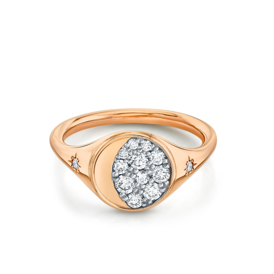 Marrow Fine Jewelry White Diamond Gibbous Moon Phase Signet Ring With Stars [Rose Gold]