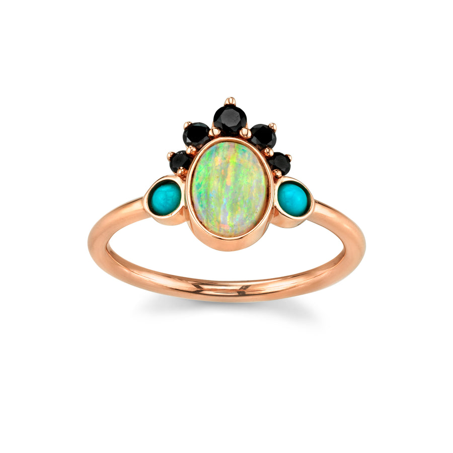 Marrow Fine Jewelry Opal Ring With Black Diamond Headdress And Turquoise Side Stones [Rose Gold]