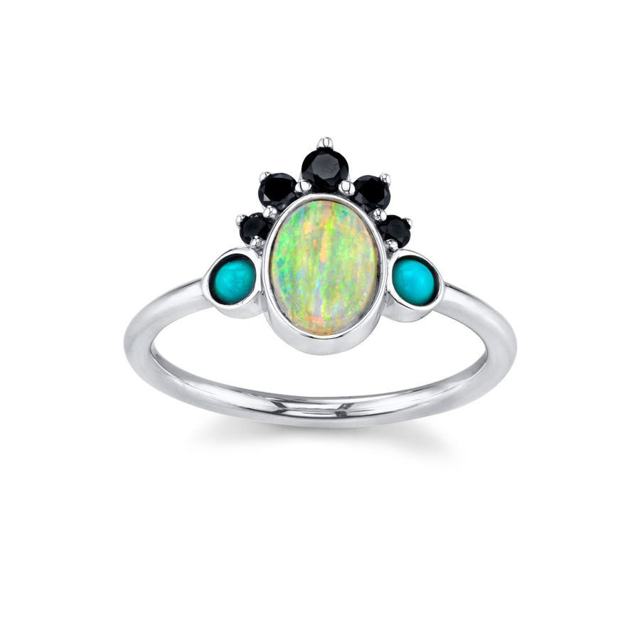 Marrow Fine Jewelry Opal Ring With Black Diamond Headdress And Turquoise Side Stones [White Gold]
