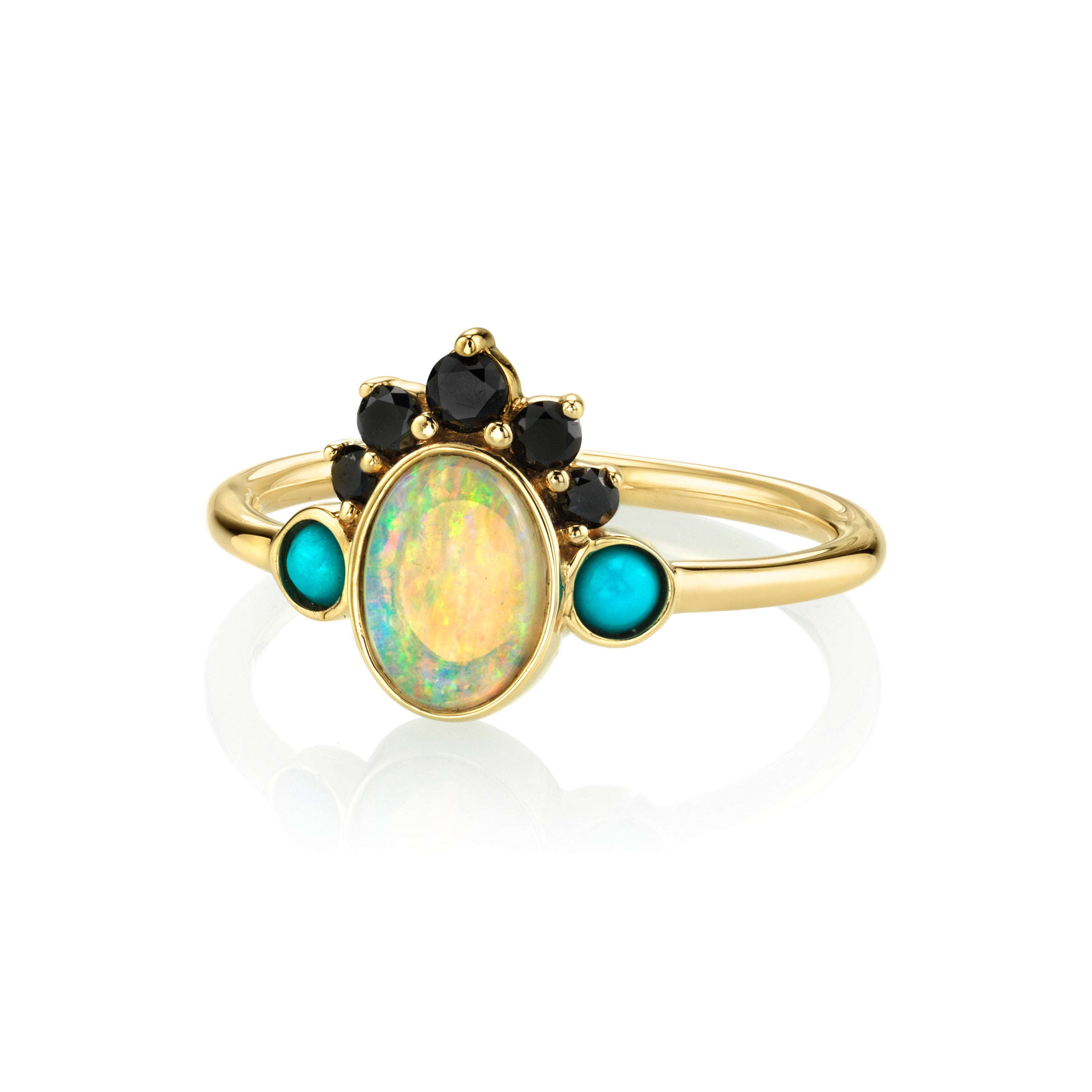 Marrow Fine Jewelry Opal Ring With Black Diamond Headdress And Turquoise Side Stones