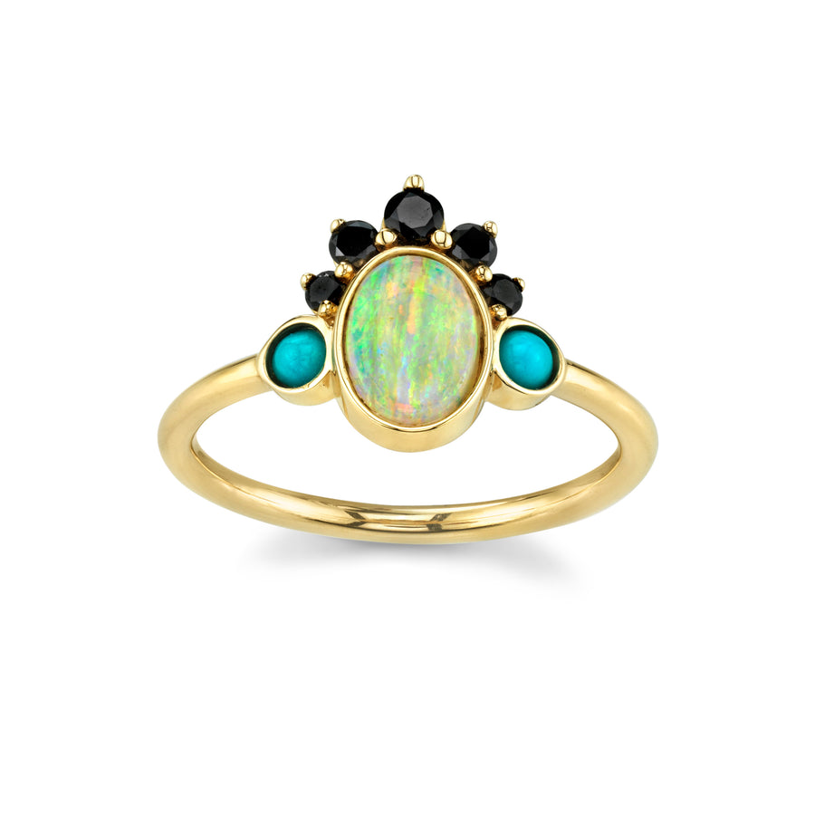 Marrow Fine Jewelry Opal Ring With Black Diamond Headdress And Turquoise Side Stones [Yellow Gold]