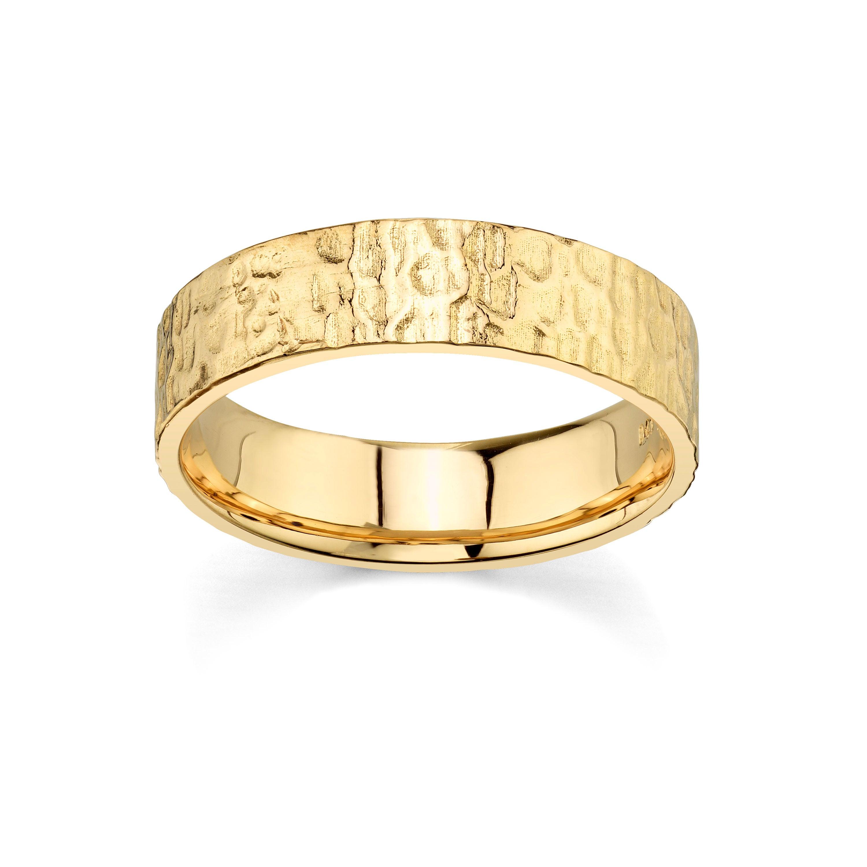 Marrow Fine Jewelry Hammered Metal Gold Men's Wedding Band with Burnished Birthstone Inside
