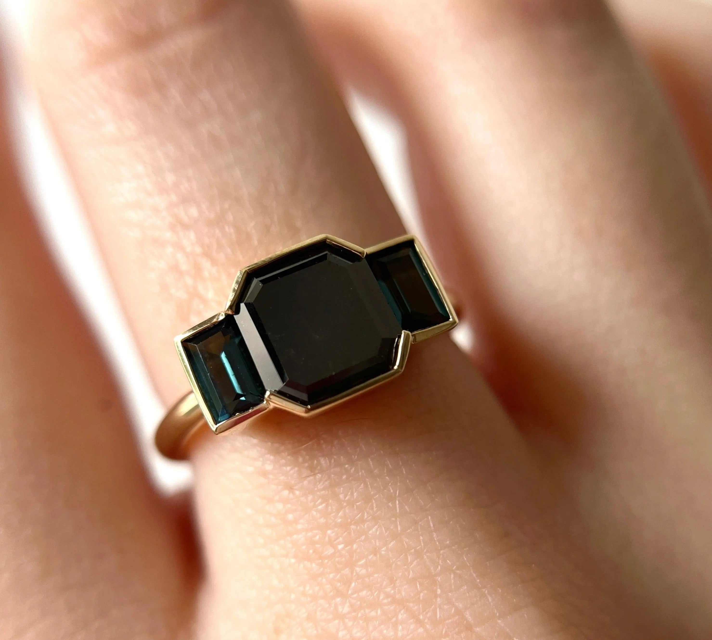 2.07ct Black Diamond Asscher & Tourmaline Baguette Ring - Marrow Fine