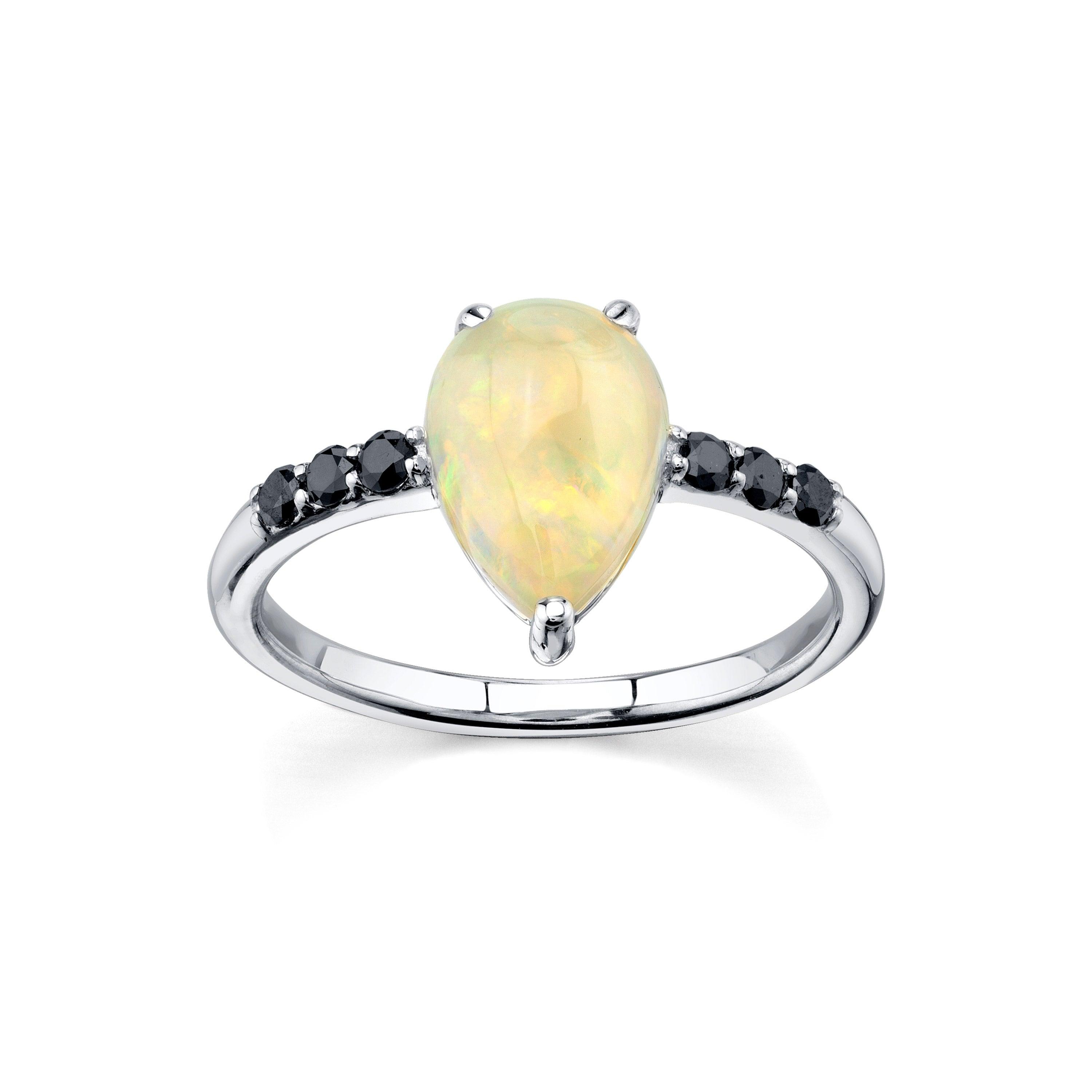 Marrow Fine Jewelry Austrailian Opal Pear & Black Diamond Rose Cut Ring