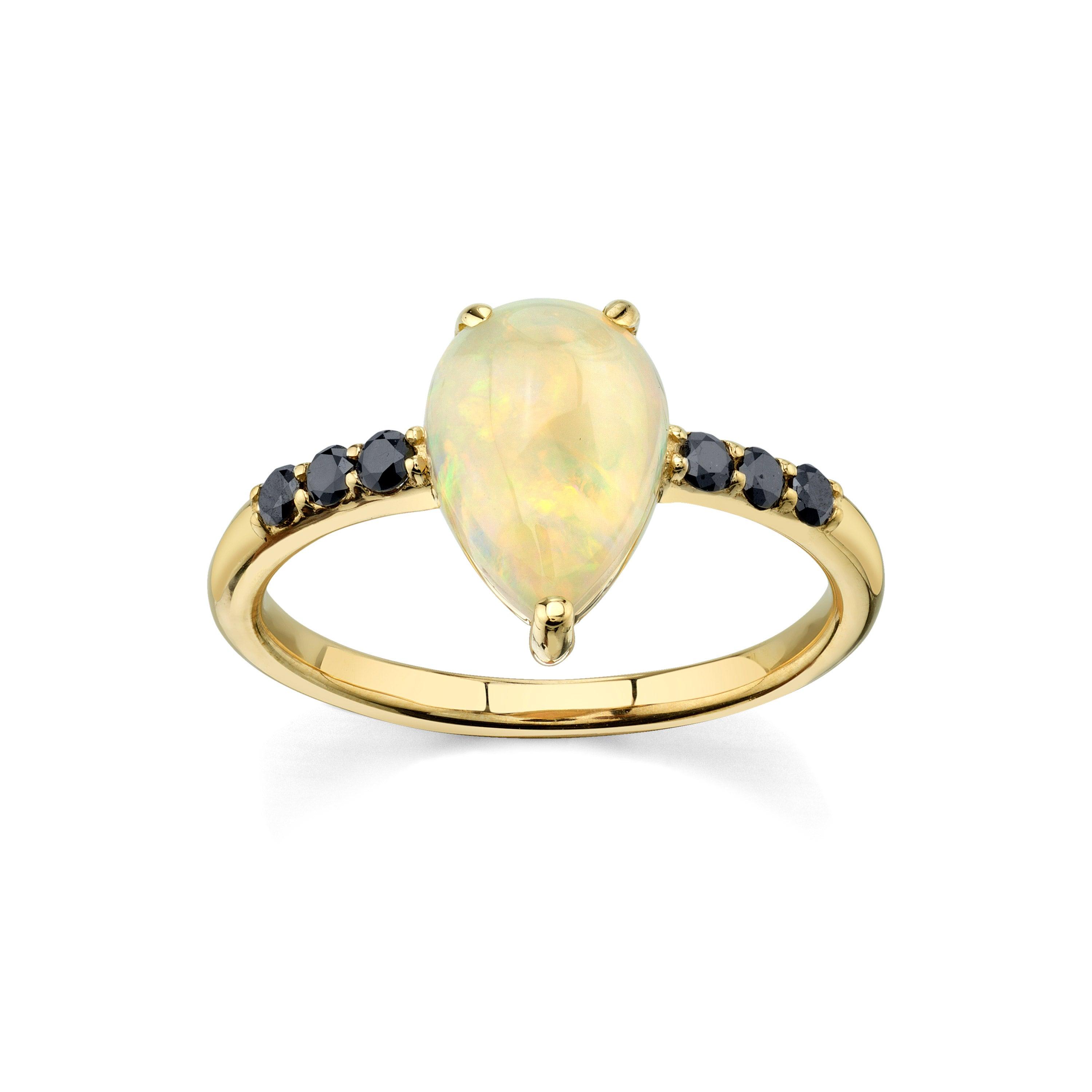 Marrow Fine Jewelry Austrailian Opal Pear & Black Diamond Rose Cut Ring