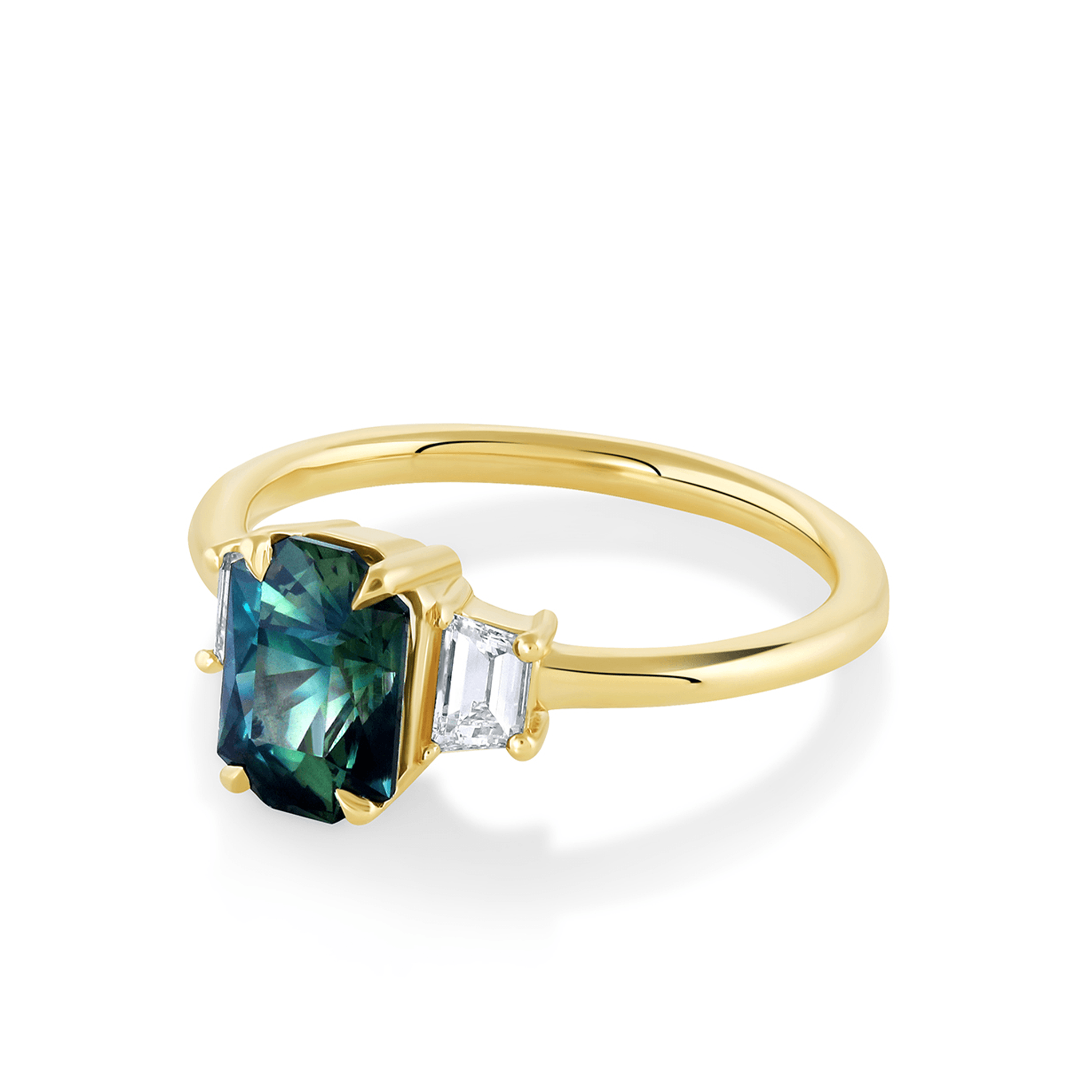 Marrow Fine Jewelry Teal Sapphire Diamond Three Stone Ring