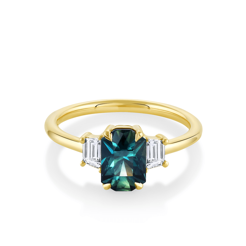 Marrow Fine Jewelry Teal Sapphire Diamond Three Stone Ring