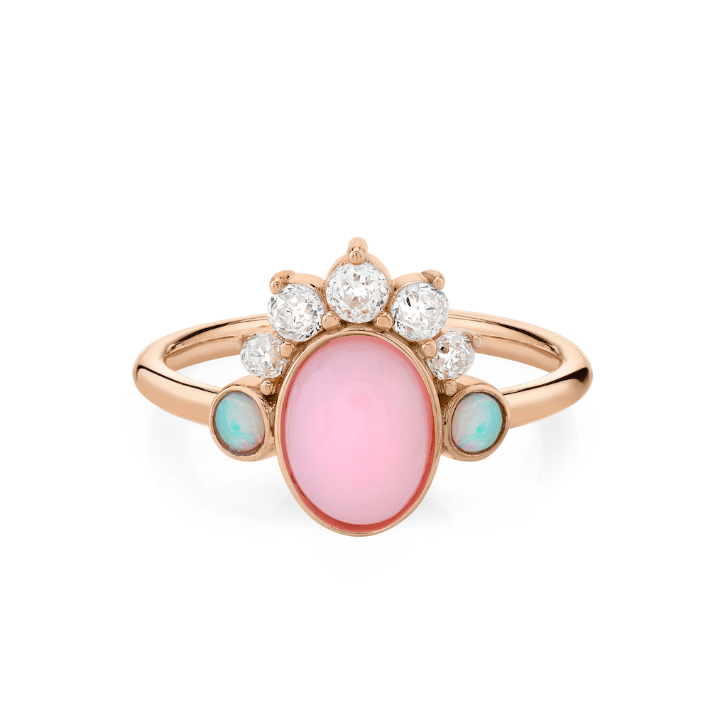 Marrow Fine Jewelry Mini Pink Opal Ring With Turquoise & White Diamond Headdress