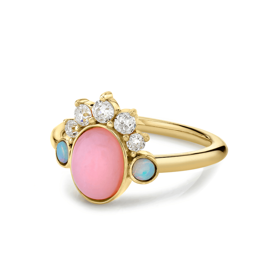 Marrow Fine Jewelry Mini Pink Opal Ring With Turquoise & White Diamond Headdress [Yellow Gold]