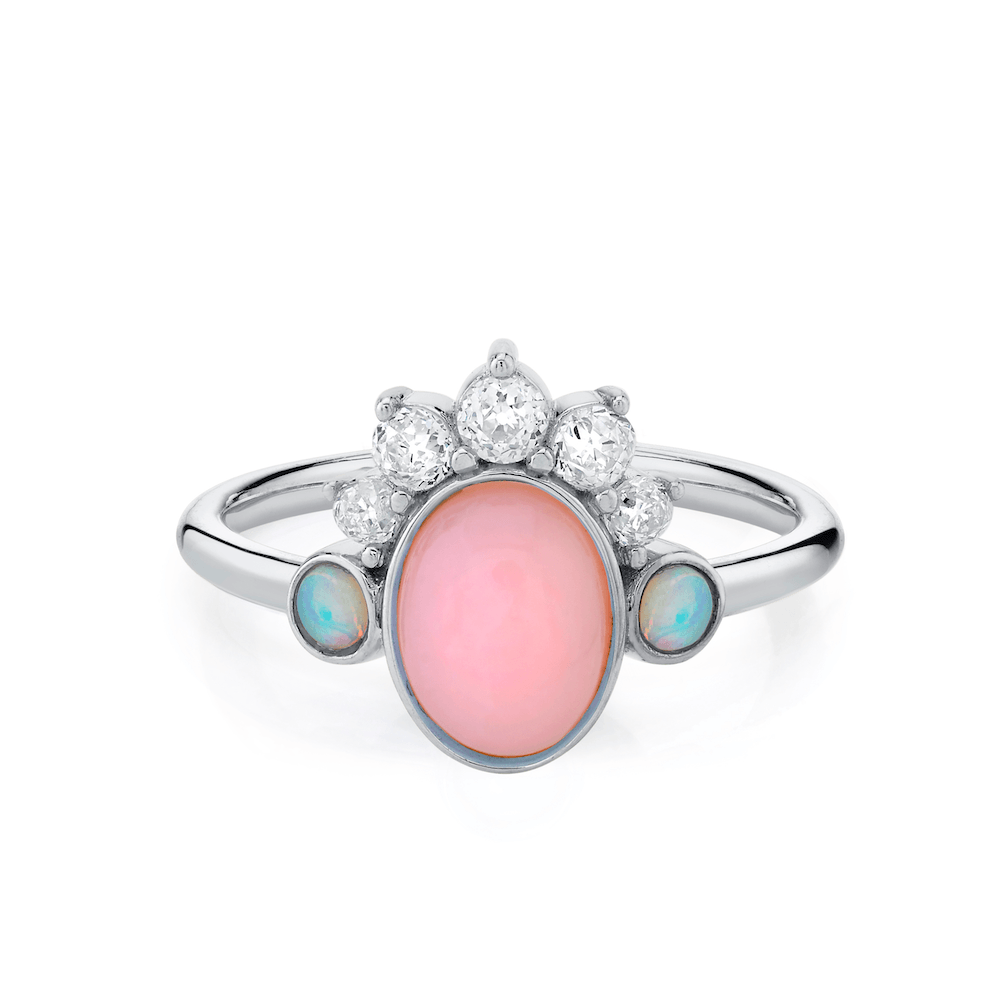 Marrow Fine Jewelry Mini Pink Opal Ring With Turquoise & White Diamond Headdress