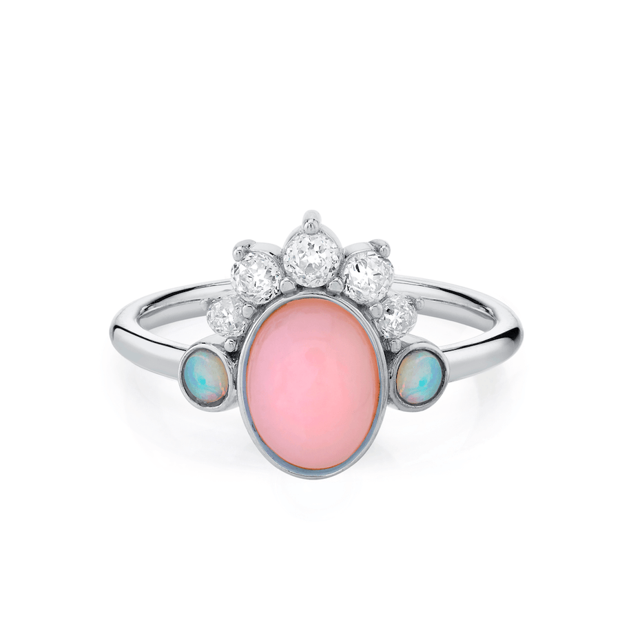 Marrow Fine Jewelry Mini Pink Opal Ring With Turquoise & White Diamond Headdress [White Gold]