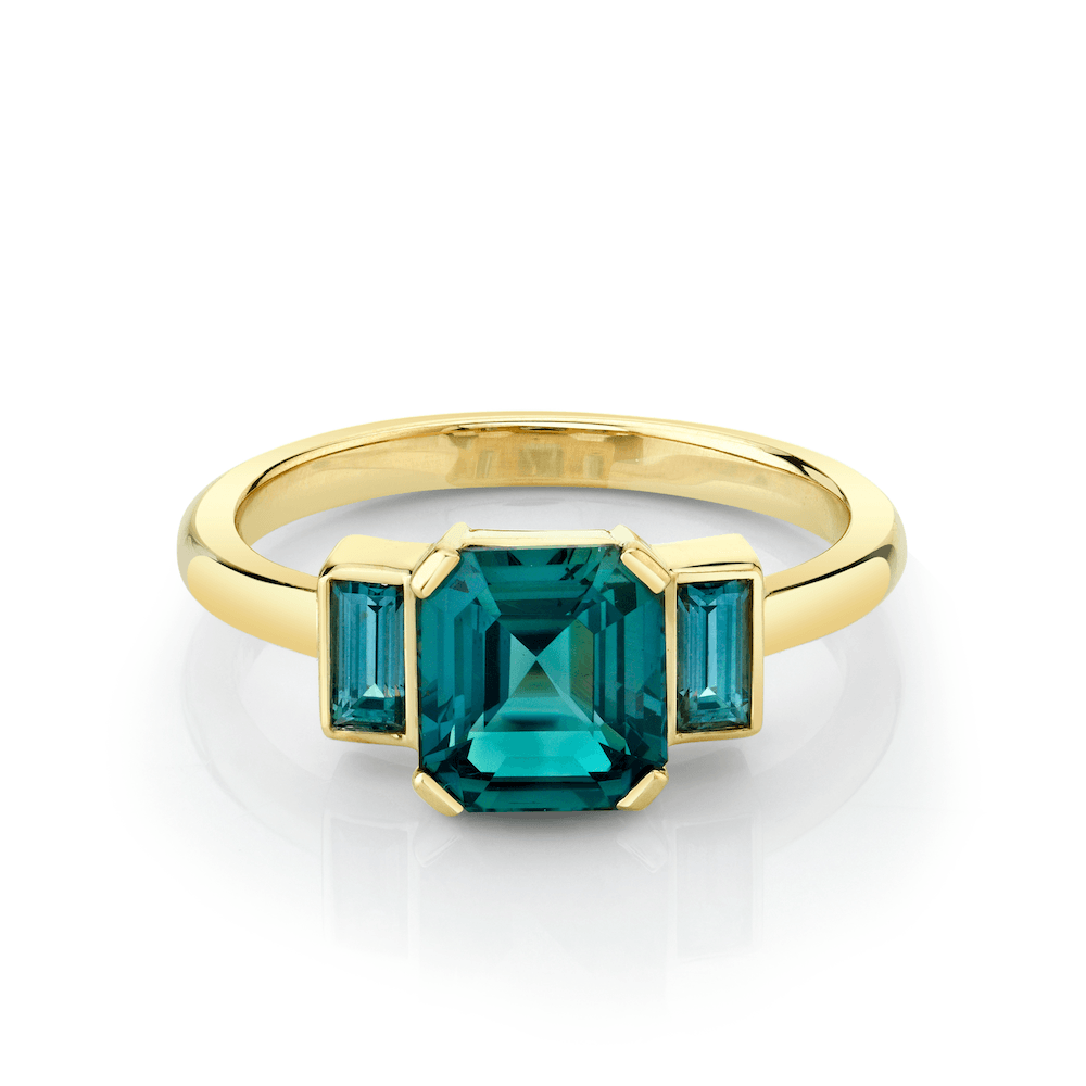 Marrow Fine Jewelry Teal Sapphire Asscher Baguette Ring