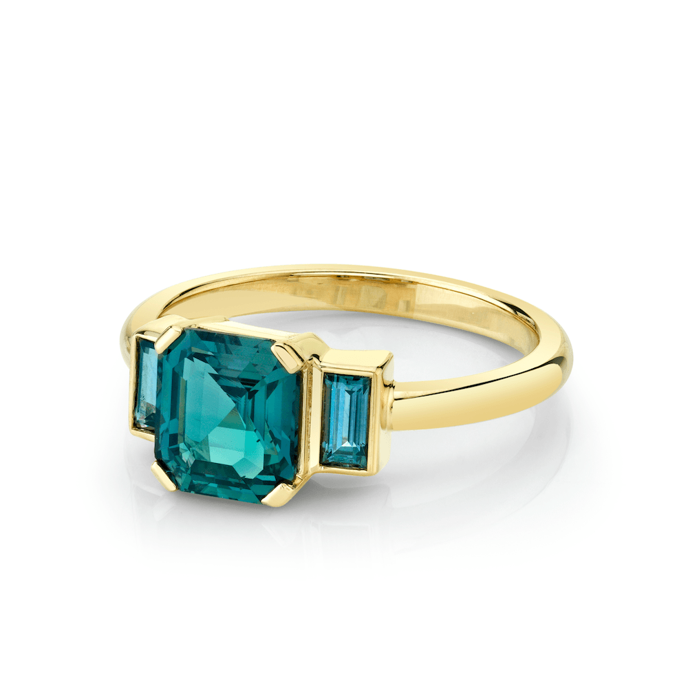 Marrow Fine Jewelry Teal Sapphire Asscher Baguette Ring