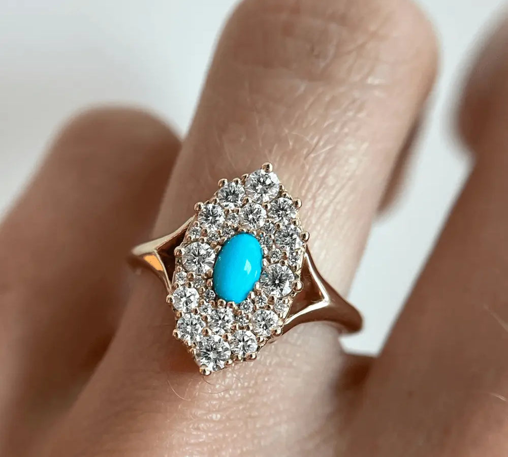 Turquoise & White Diamond Navette Ring - Marrow Fine