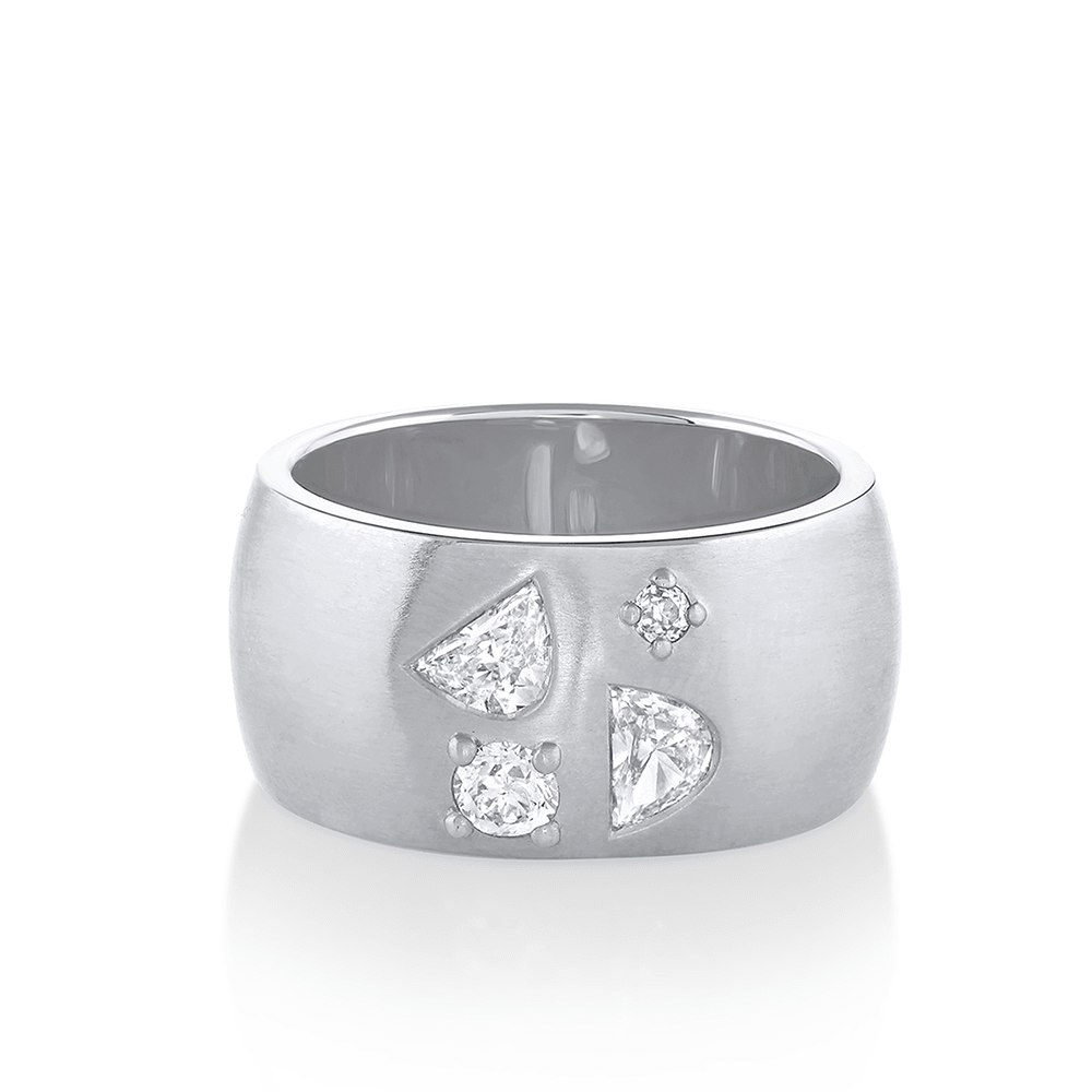Marrow Fine Jewelry White Diamond Mixed Shapes Chunky Brushed Metal Solid Gold Cigar Band Ring