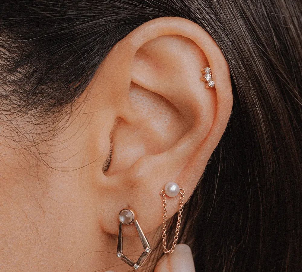 Marrow Fine Jewelry White Diamond Three Stone Bead Prong Stud Earrings