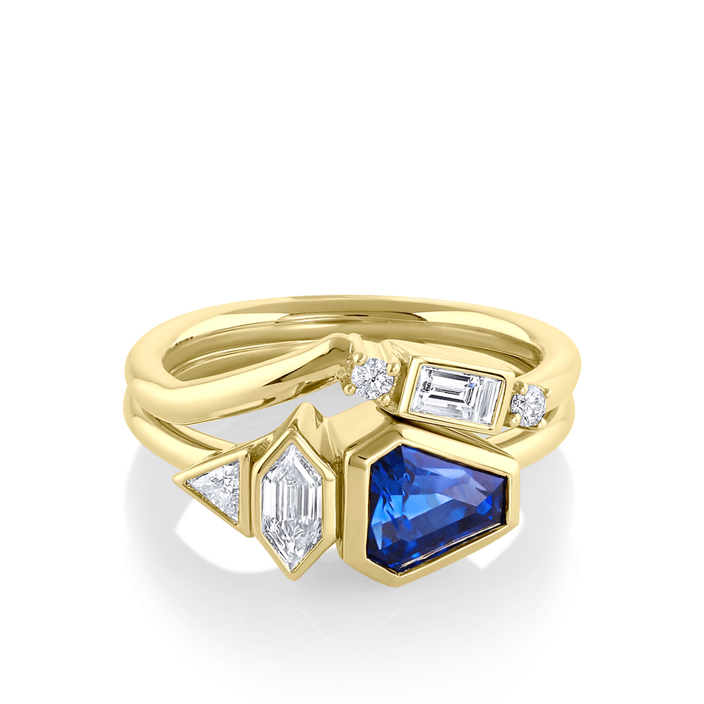 Marrow Fine Jewelry Blue Sapphire Shield Engagement Ring Set