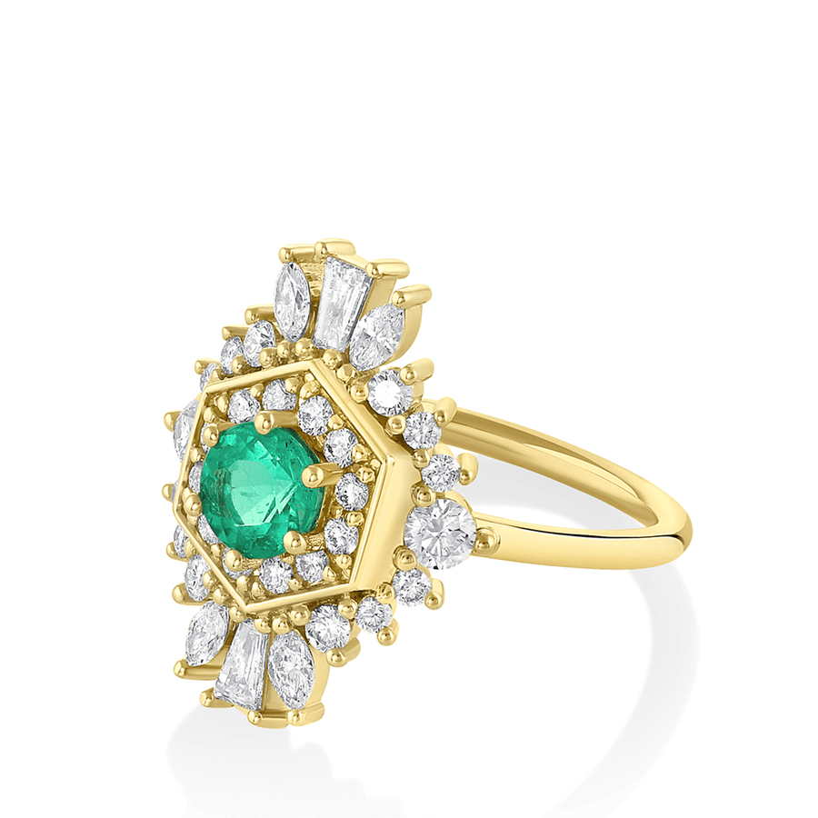 Marrow Fine Jewelry Emerald White Diamond Stella Art Deco I Ring [Yellow Gold]