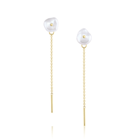 Marrow Fine Jewelry Organic Pearl Stud Earrings with Dainty Gold Drop Chain [Yellow Gold]