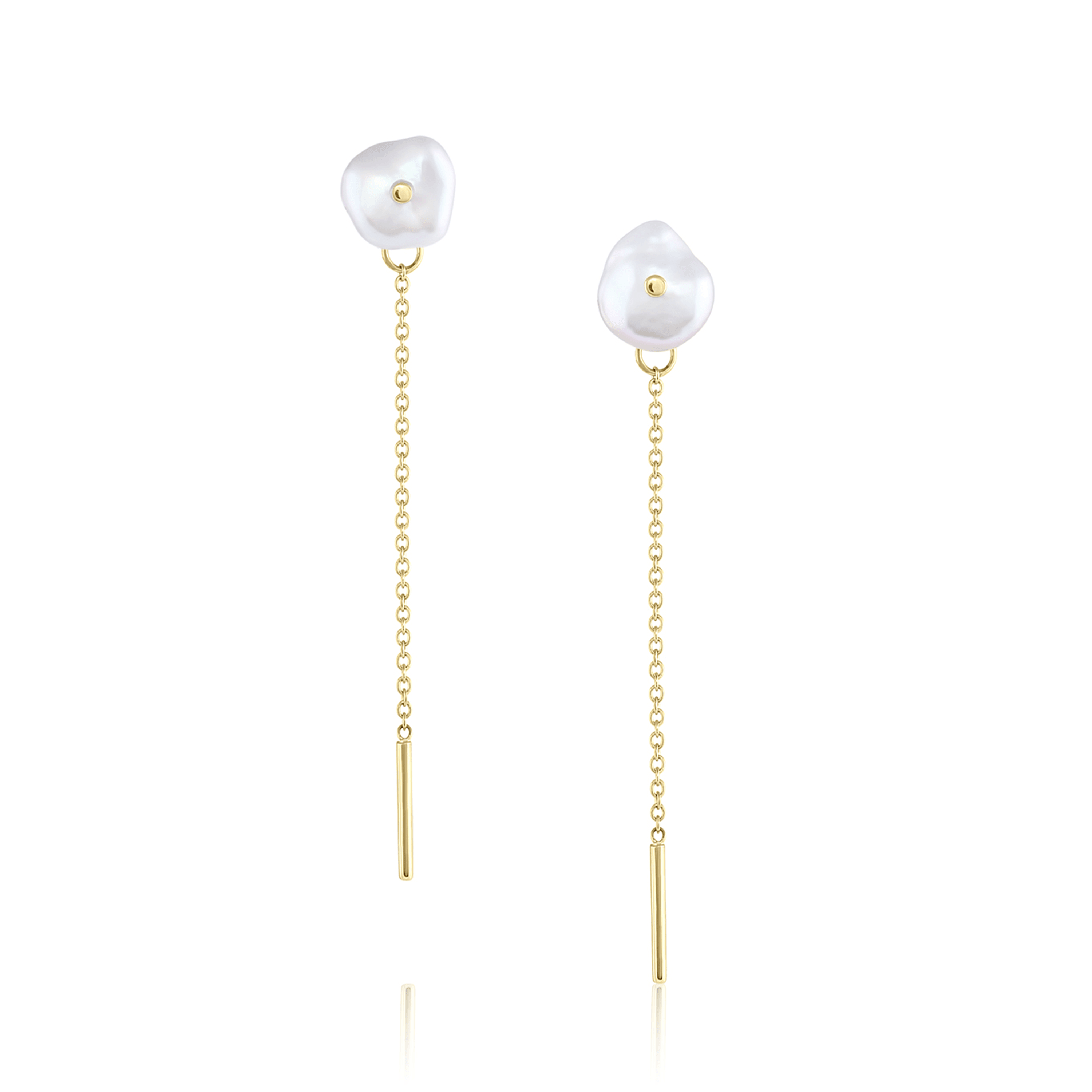 Marrow Fine Jewelry Organic Pearl Stud Earrings with Dainty Gold Drop Chain