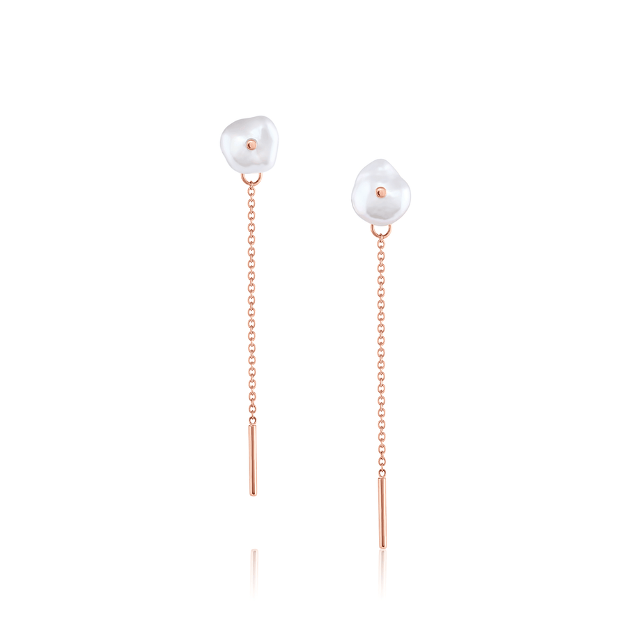 Marrow Fine Jewelry Organic Pearl Stud Earrings with Dainty Gold Drop Chain [Rose Gold]