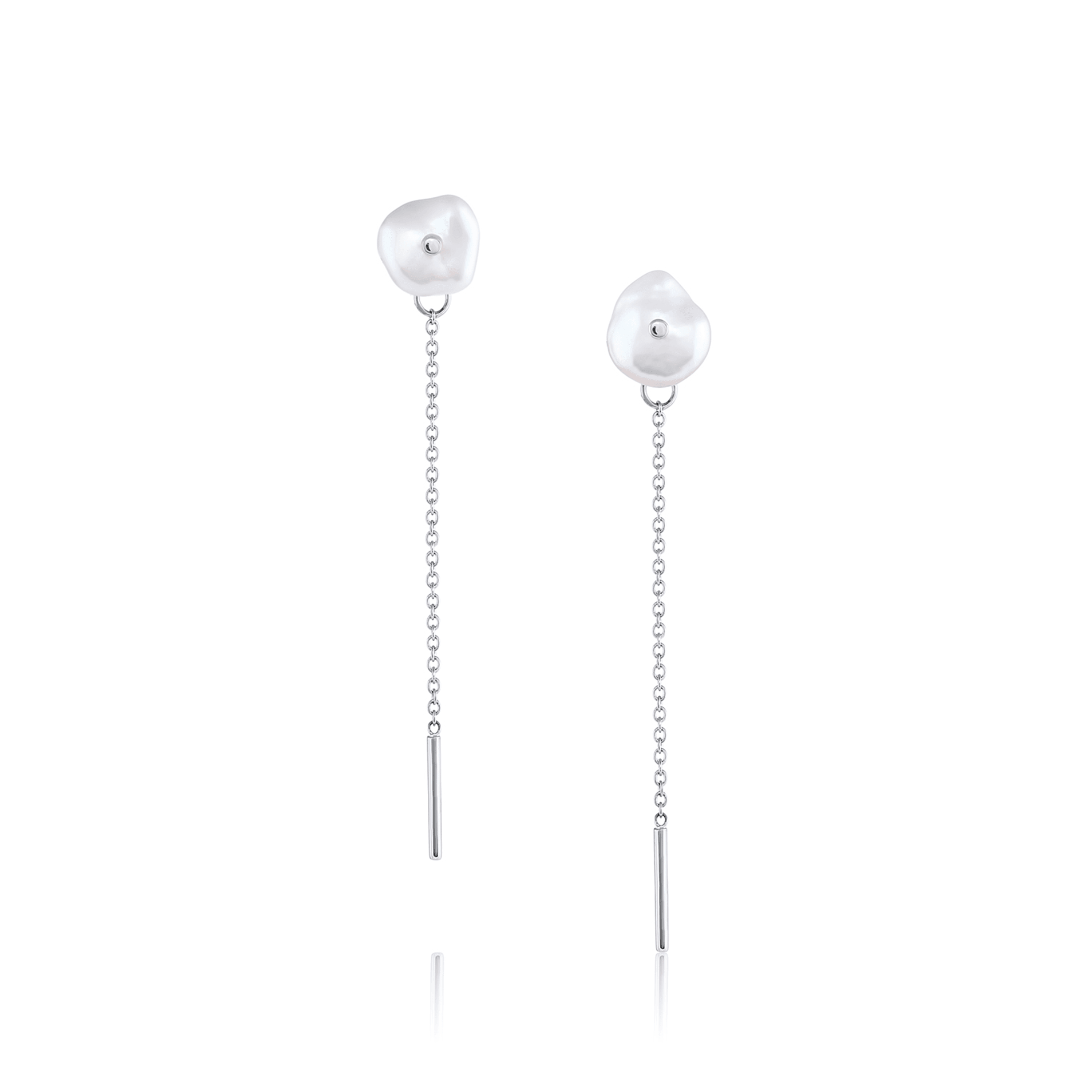 Marrow Fine Jewelry Organic Pearl Stud Earrings with Dainty Gold Drop Chain