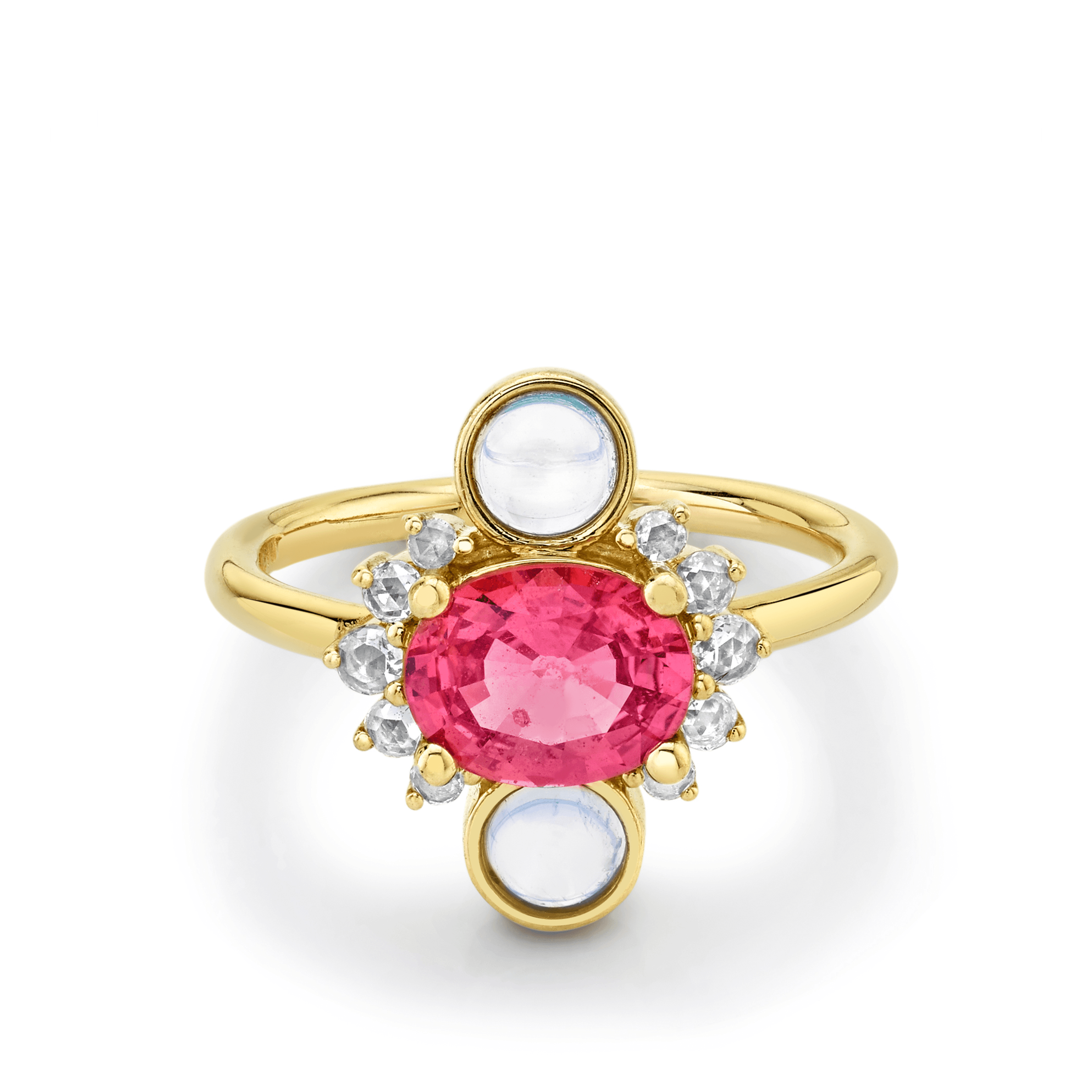 Marrow Fine Jewelry Pink Sapphire Moonstone Cabochons Rose Cut Diamonds Ring
