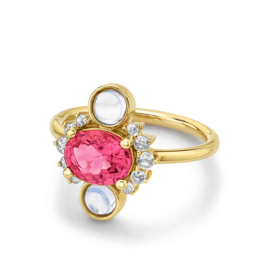 Marrow Fine Jewelry Pink Sapphire Moonstone Cabochons Rose Cut Diamonds Ring [Yellow Gold]