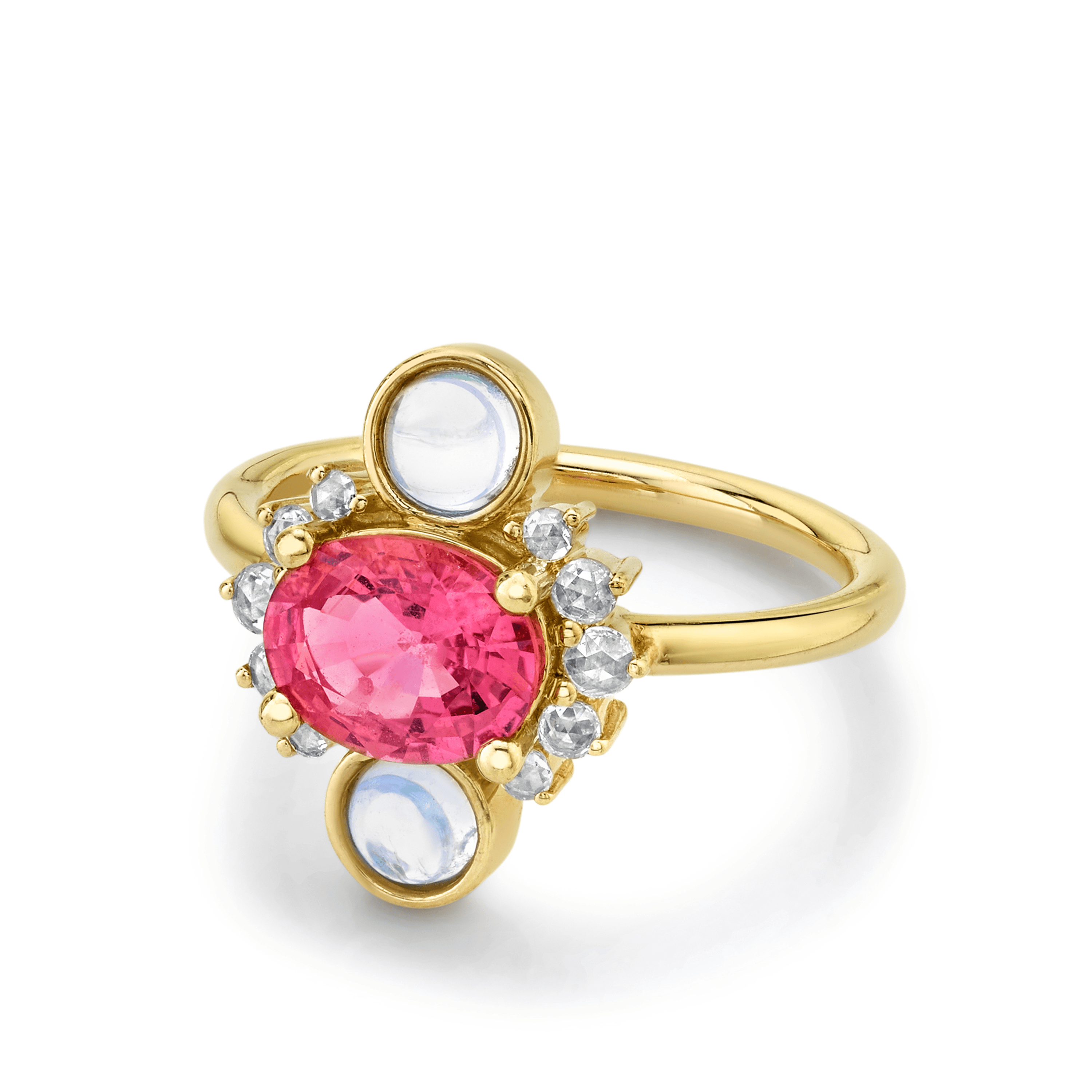 Marrow Fine Jewelry Pink Sapphire Moonstone Cabochons Rose Cut Diamonds Ring