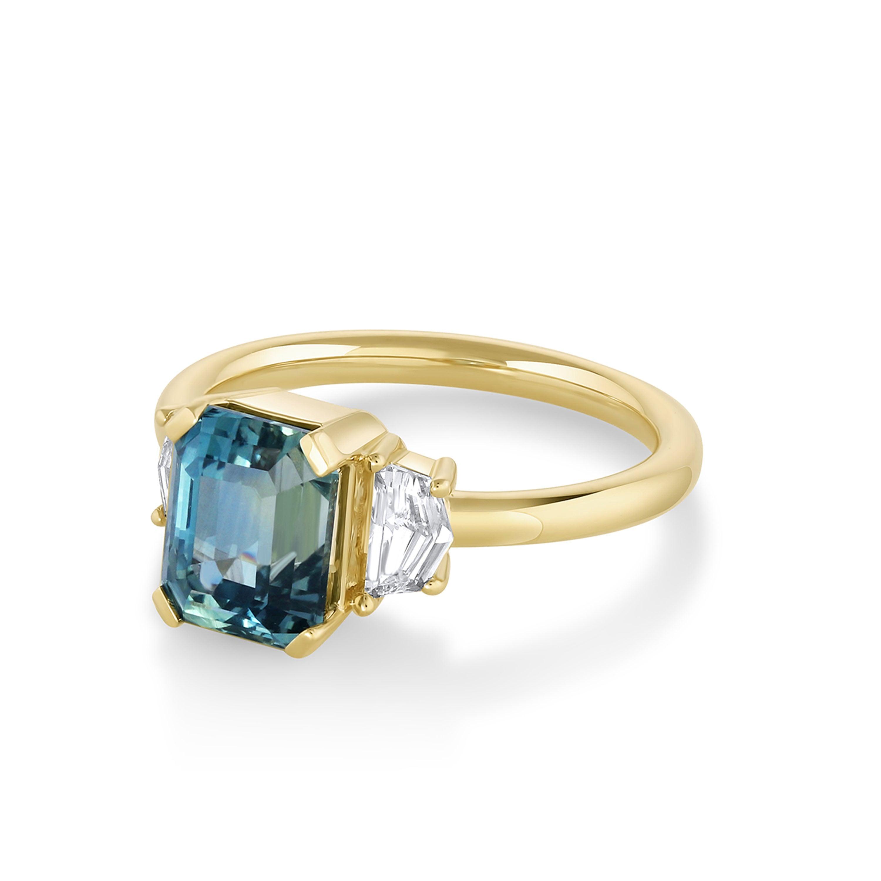 Marrow Fine Jewelry Teal Sapphire White Diamond Three Stone Ring