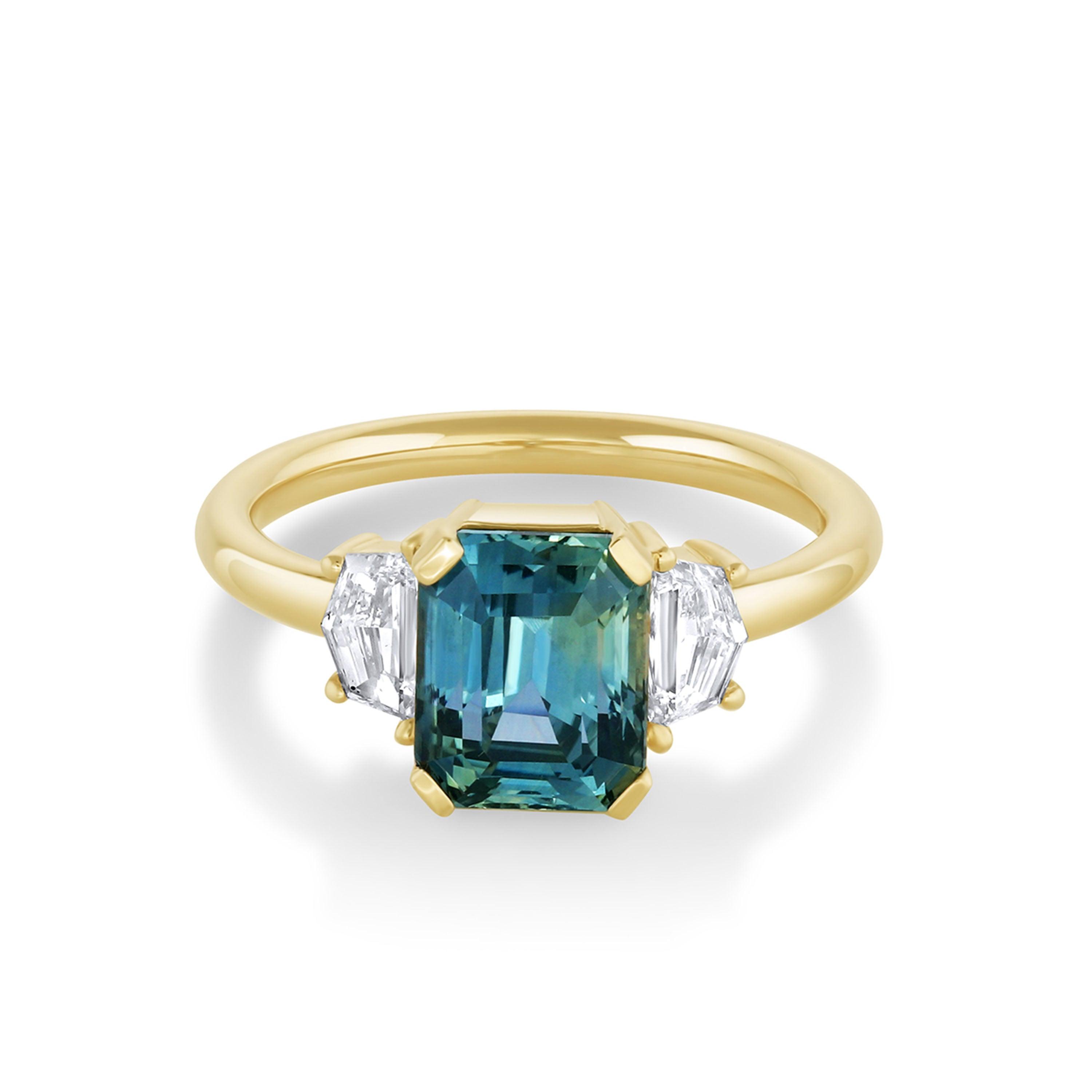 Marrow Fine Jewelry Teal Sapphire White Diamond Three Stone Ring