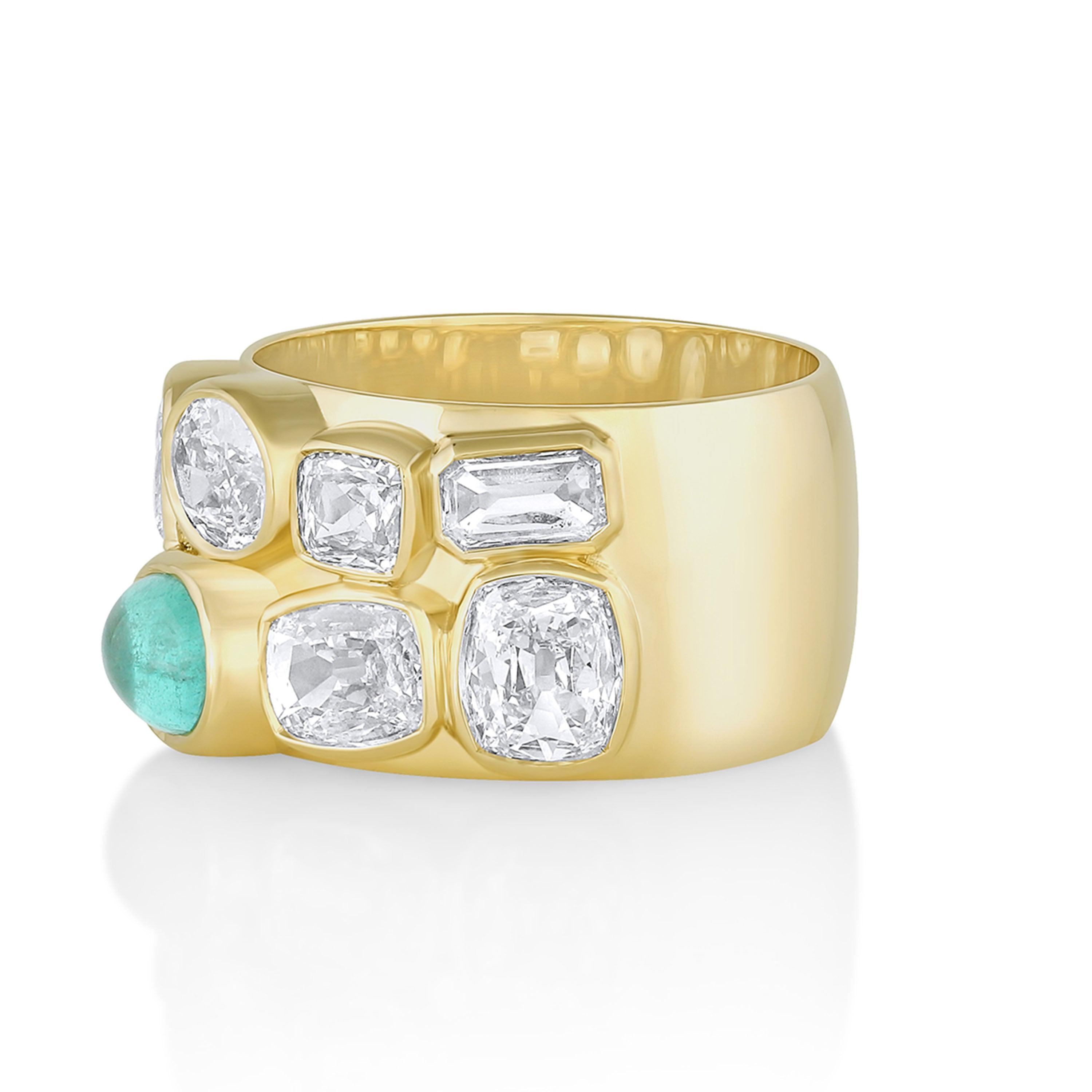 Marrow Fine Jewelry Tessera Bezel Set Emerald Cabochon And Rose Cut White Diamonds Cigar Band