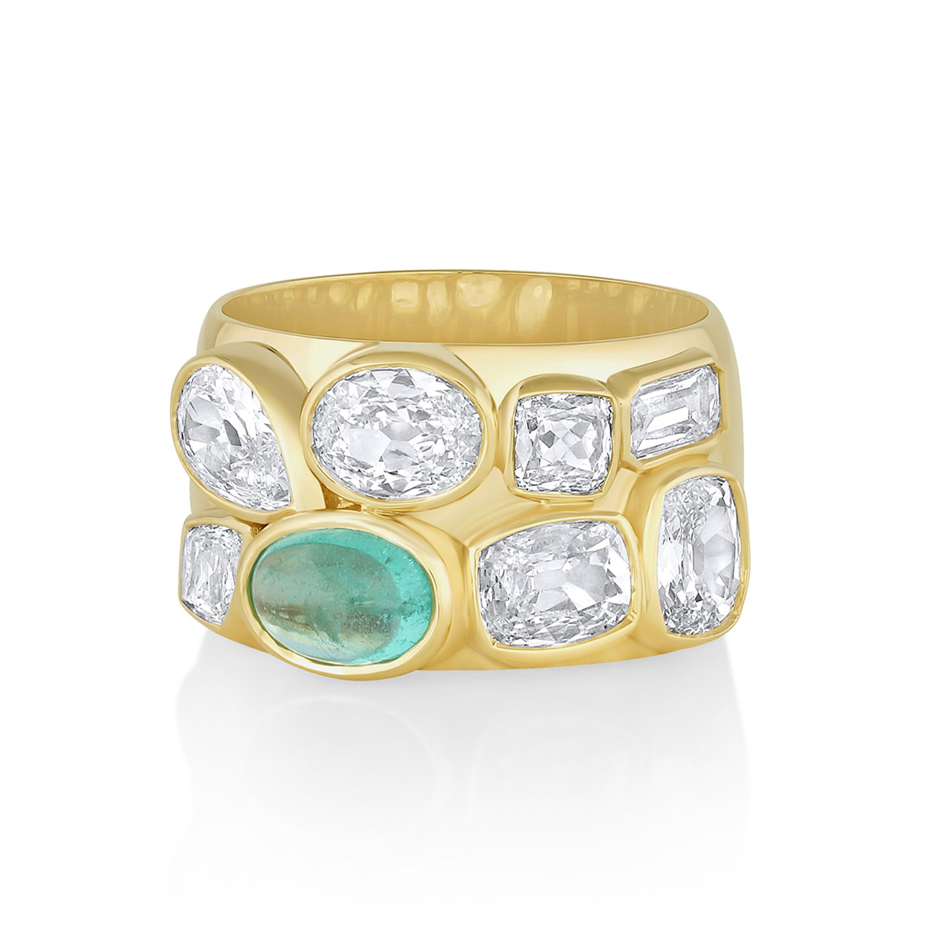 Marrow Fine Jewelry Tessera Bezel Set Emerald Cabochon And Rose Cut White Diamonds Cigar Band