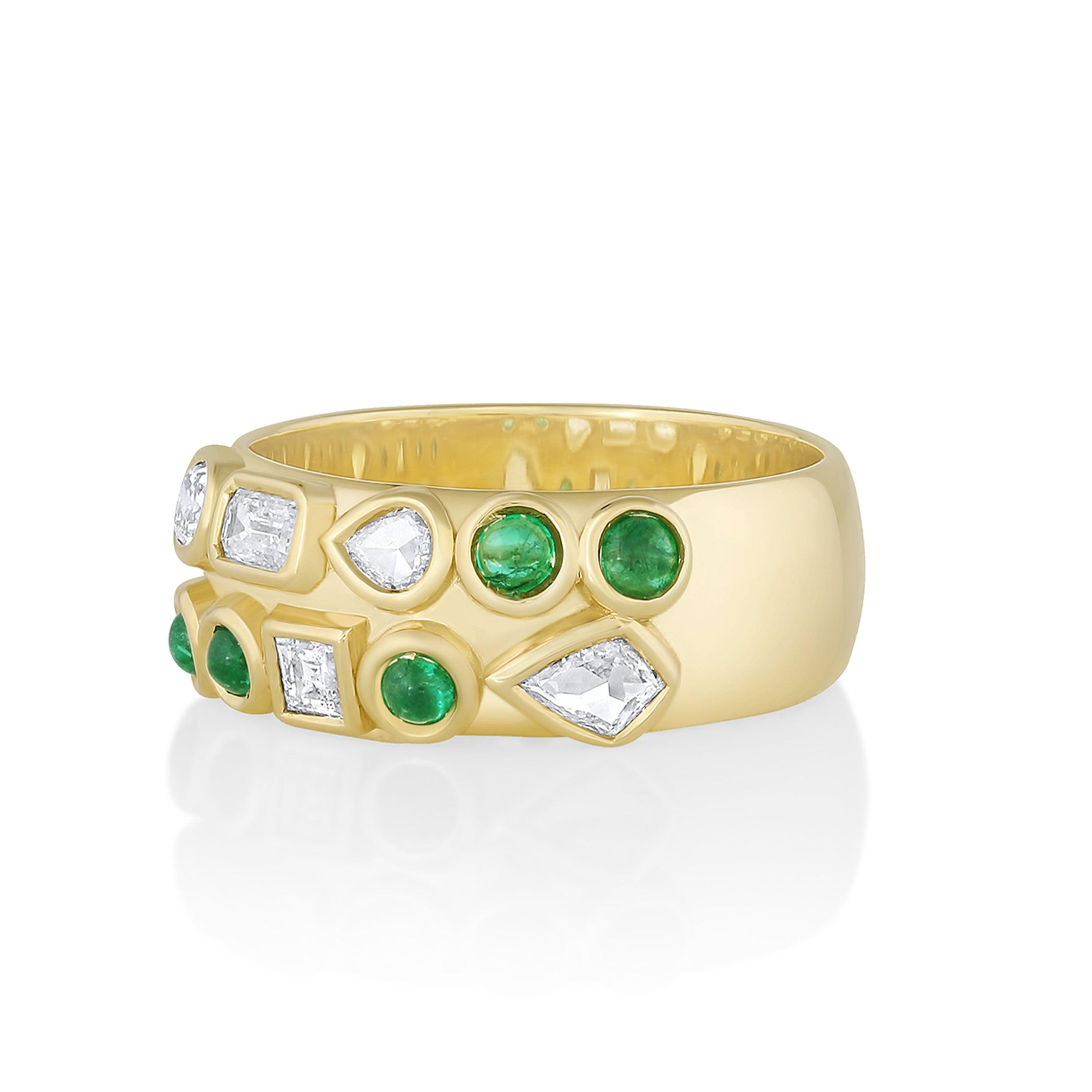Marrow Fine Jewelry Mini Tessera Bezel Set Emerald Cabochon And Rose Cut White Diamonds Cigar Band