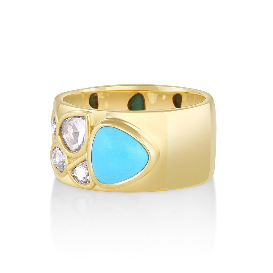 Marrow Fine Jewelry Tessera Bezel Set Turquoise And Rose Cut White Diamonds Cigar Band [Yellow Gold]