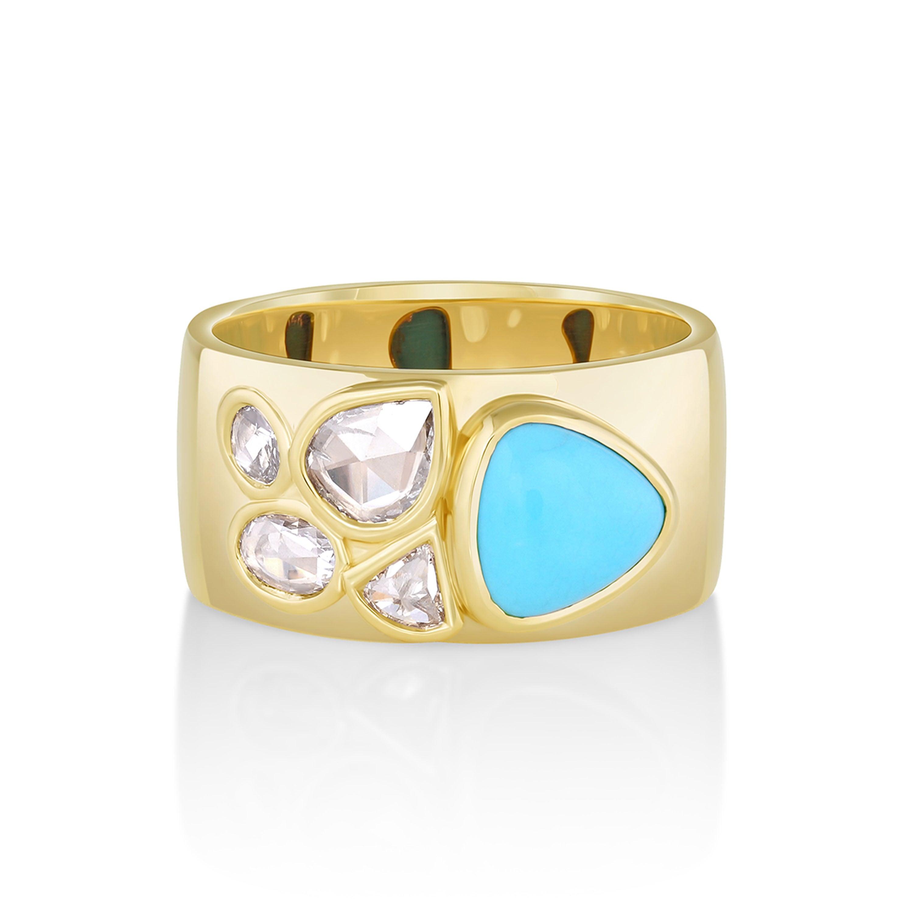 Marrow Fine Jewelry Tessera Bezel Set Turquoise And Rose Cut White Diamonds Cigar Band