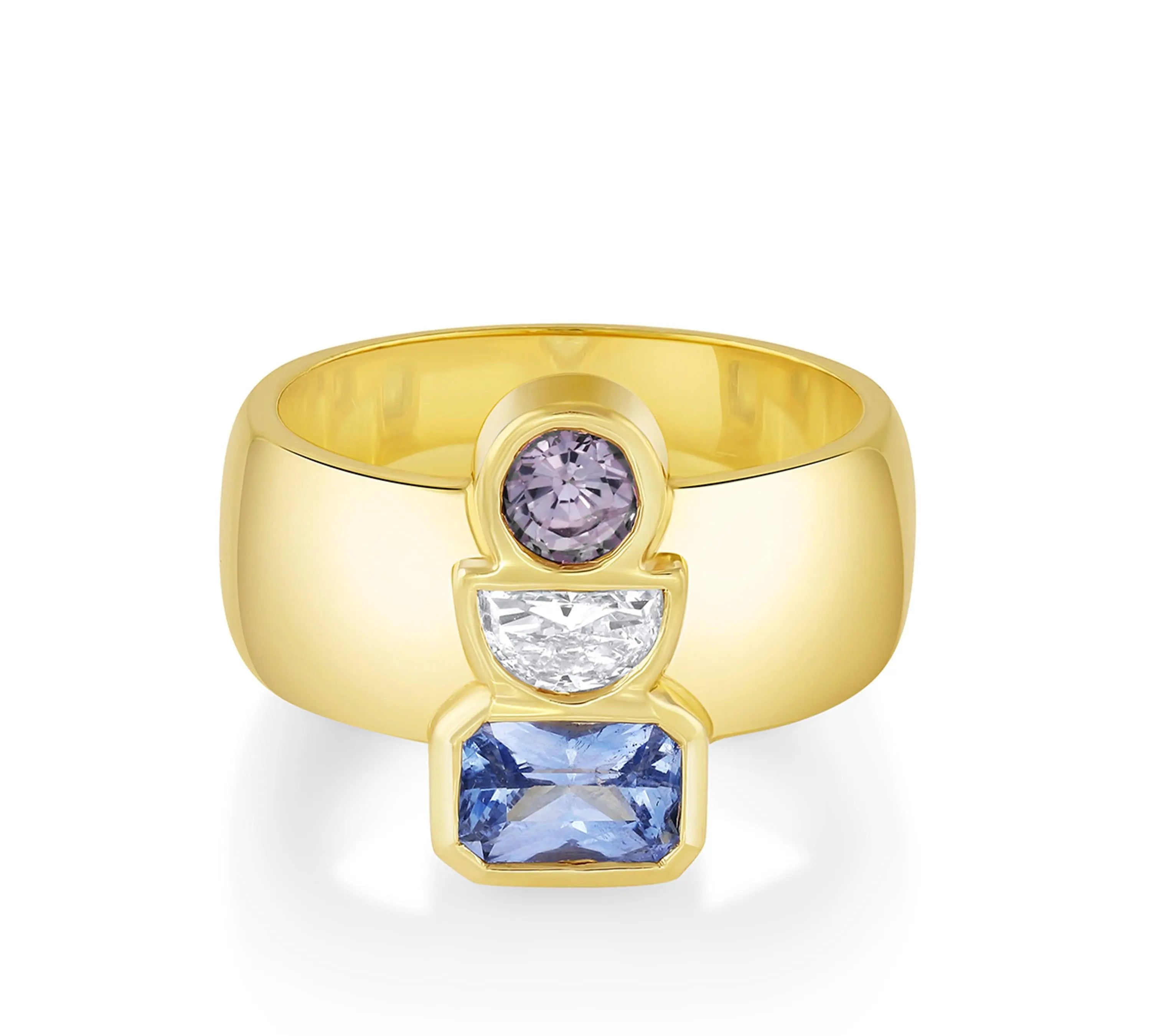 Marrow Fine Jewelry Three Stone Sapphires And White Diamond Ring [Yellow Gold]