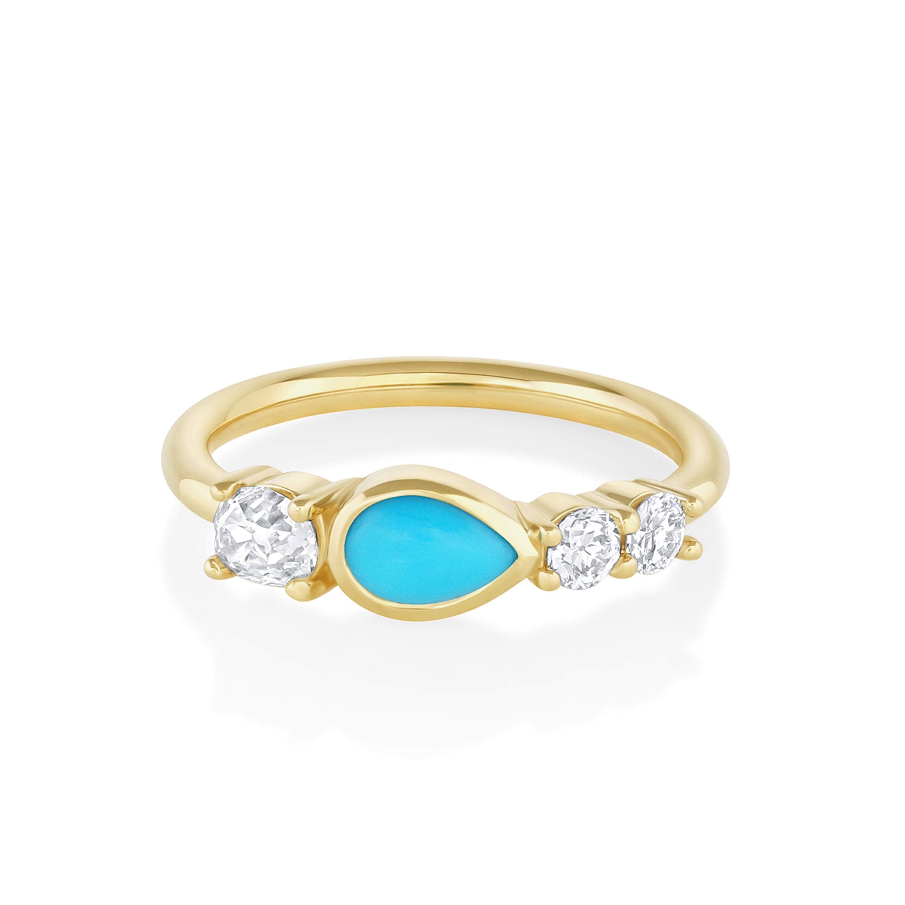 Marrow Fine Jewelry Bezel Set Turquoise Pear And White Diamond Linear Ring