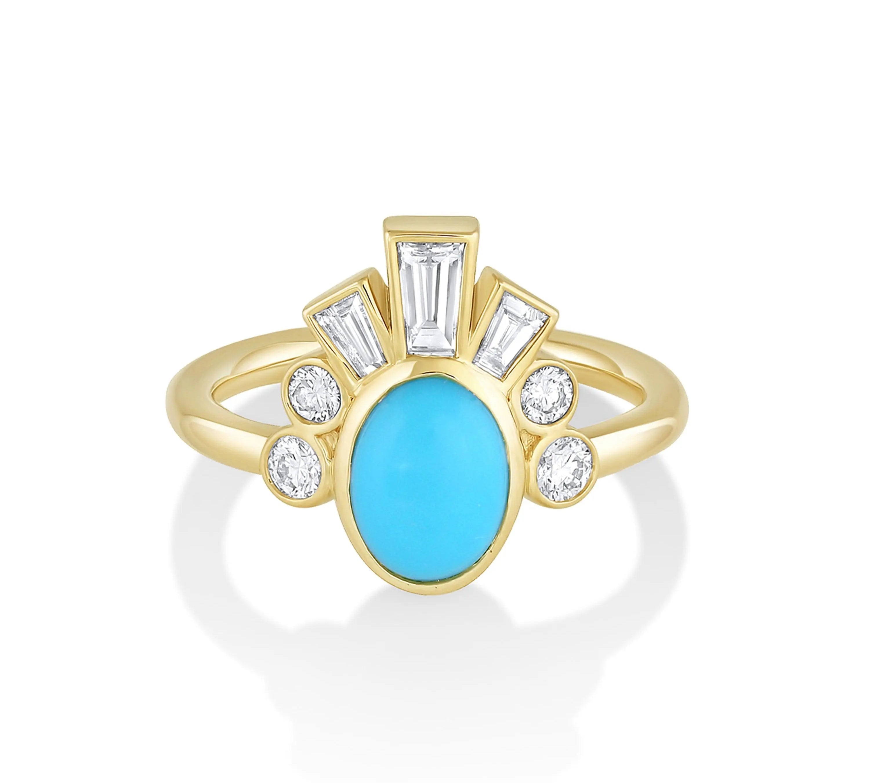 Marrow Fine Jewelry Oval Turquoise & White Diamond Ballerina Headdress Ring [Yellow Gold]