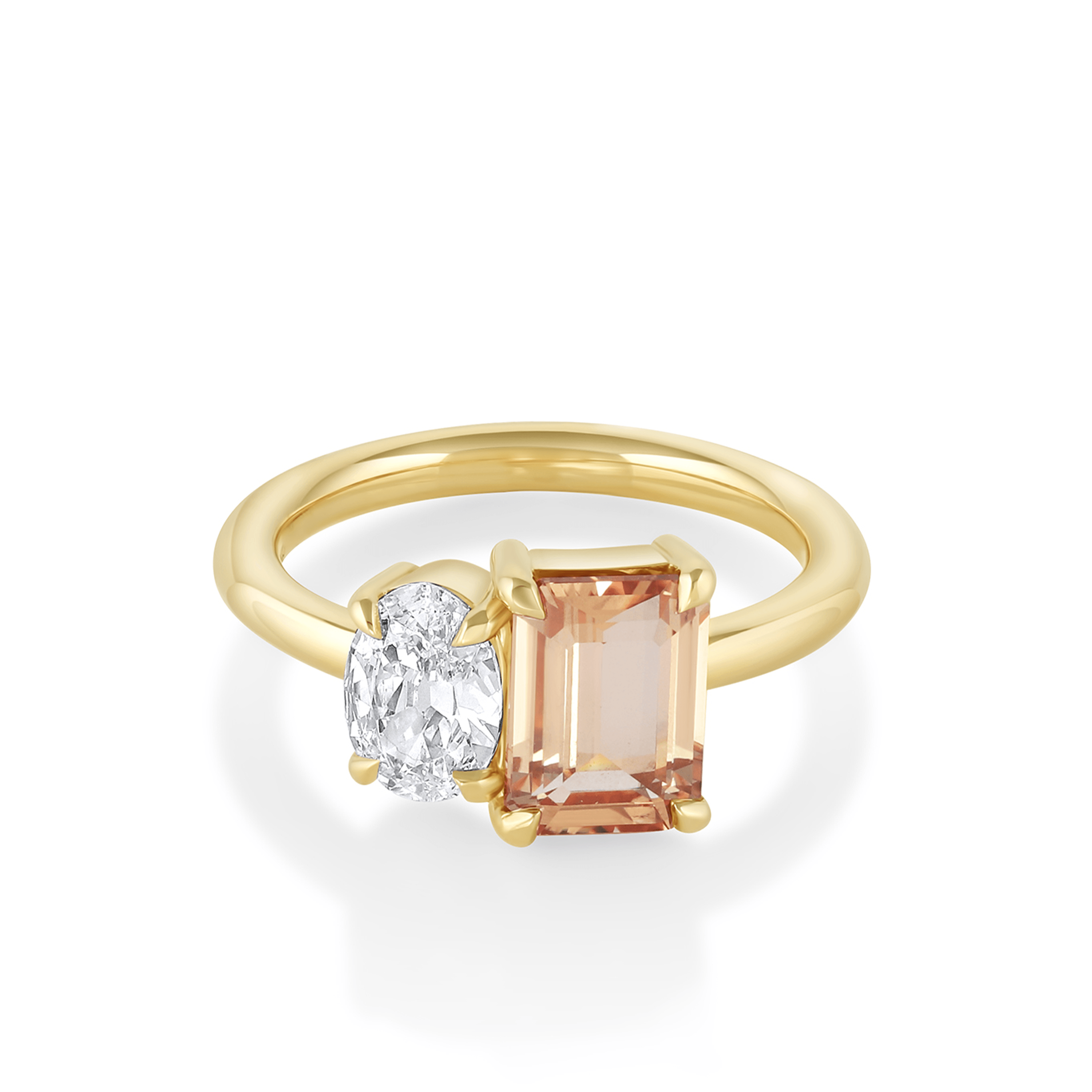 Features a 2.01ct natural peach sapphire emerald cut & .68ct F/SI1 hybrid oval