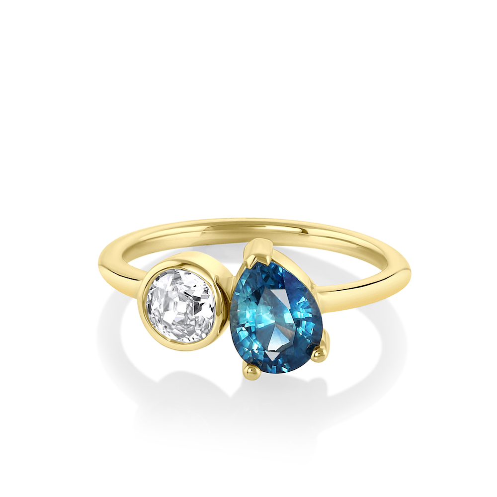 Marrow Fine Jewelry Sapphire Pear And Old Mine Cut Diamond Toi et Moi Ring