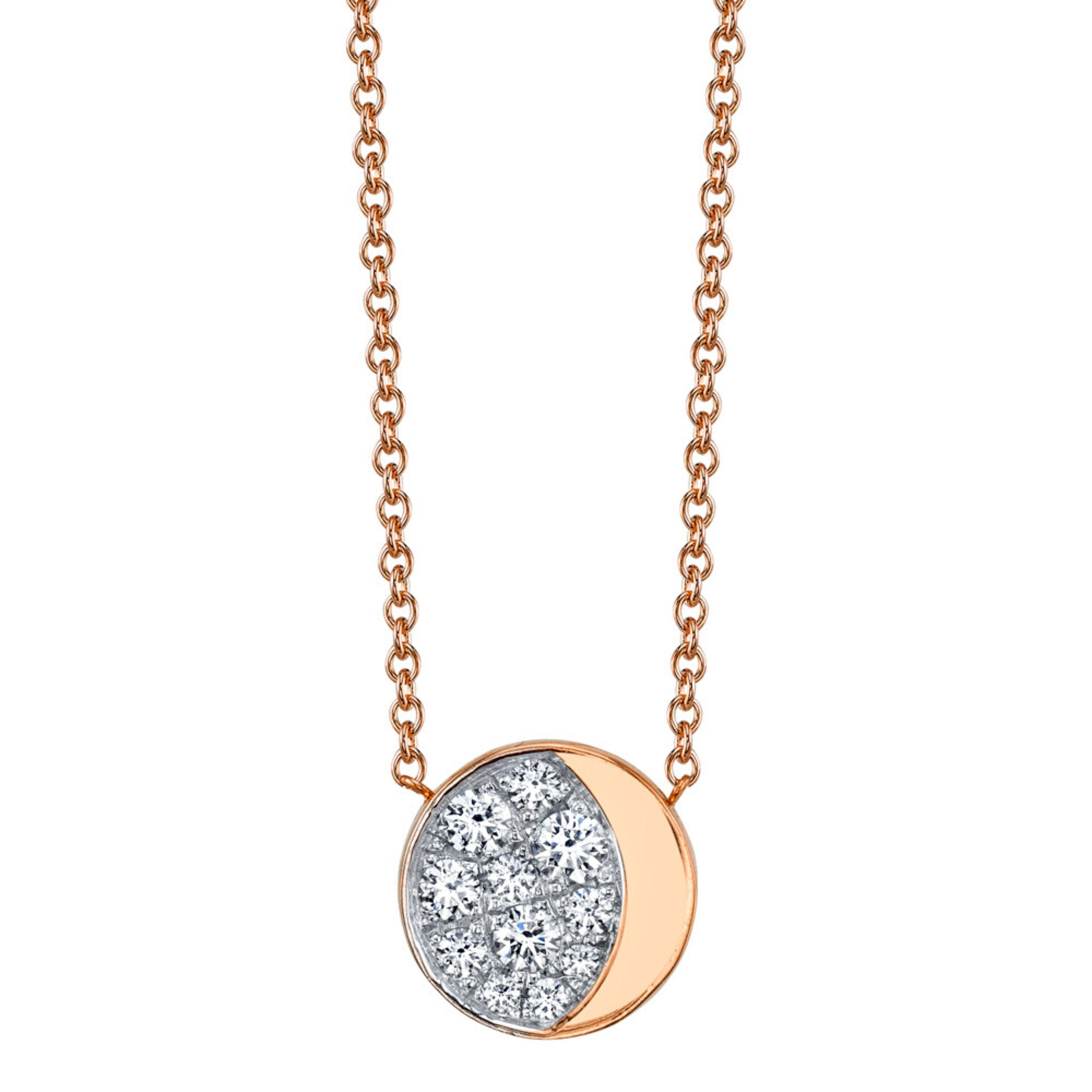 Marrow Fine Jewelry White Diamond Gibbous Moon Phase Circle Pendant With Solid Gold Chain