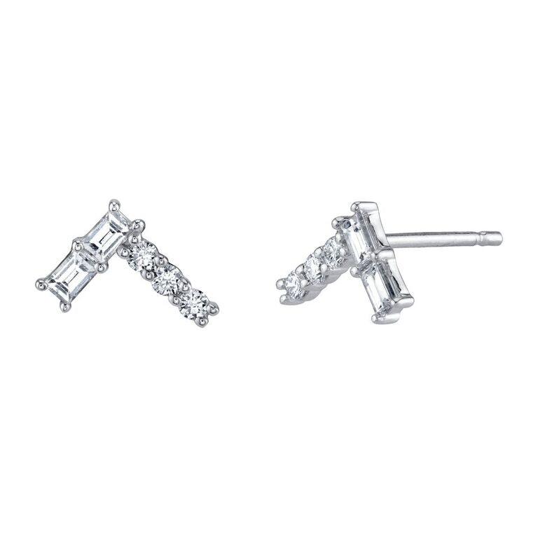 Marrow Fine Jewelry White Diamond Baguette And Round Triangle Heartbeat Stud Earrings [White Gold]