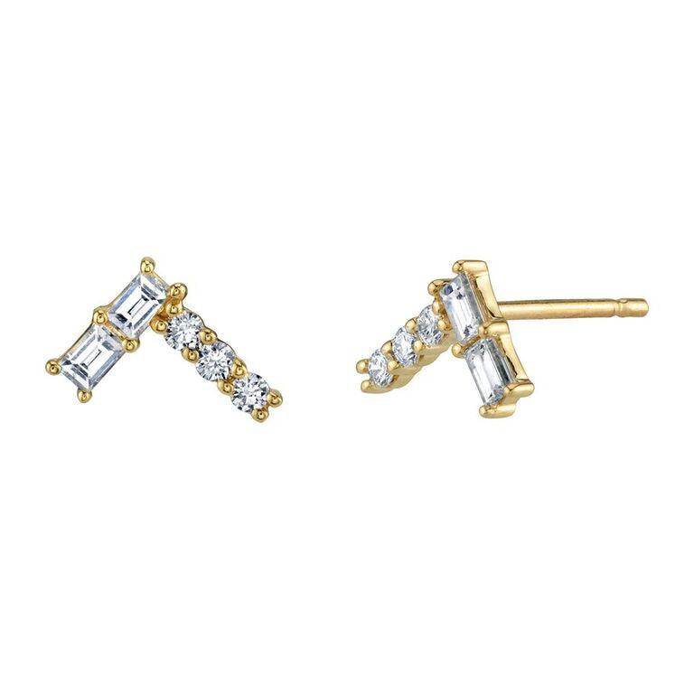 Marrow Fine Jewelry White Diamond Baguette And Round Triangle Heartbeat Stud Earrings [Yellow Gold]