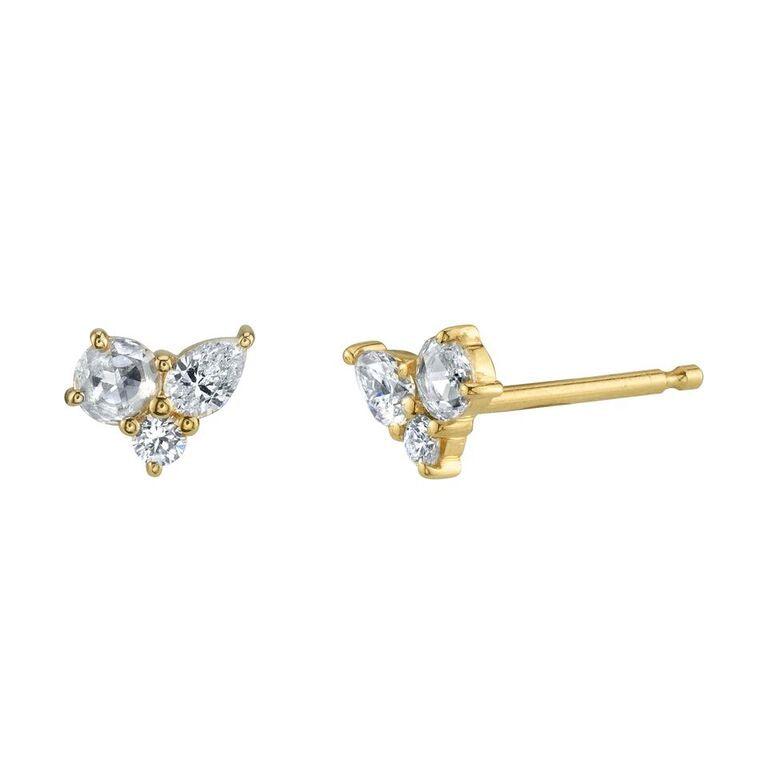 Marrow Fine Jewelry White Diamond Three Stone Bead Prong Stud Earrings